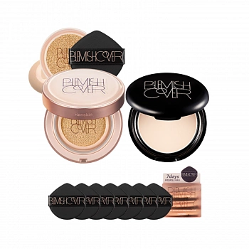 Маскирующий кушон с полуматовым финишем + Маскирующая компактная пудра + Паффы 02 Blemish Cover Conceal Cushion (Semi-matte) + Blemish Cover Blur Pact + Puff Set 02